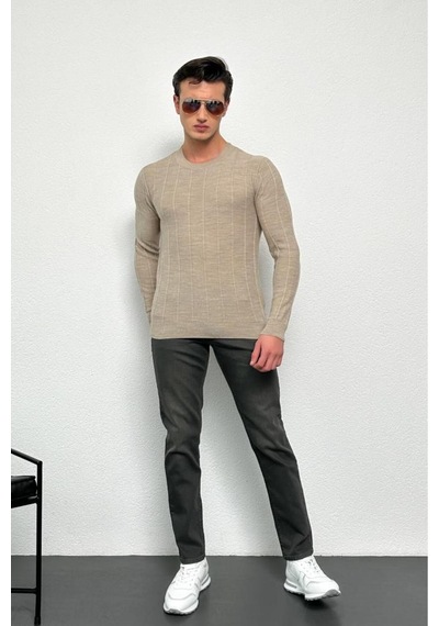 Erkek Vizon Regular Fit Bisiklet Yaka %100 Akrilik Triko Kazak Hlthe012121