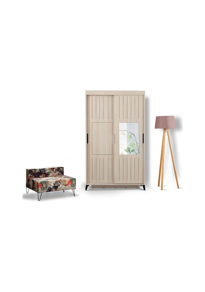 Pasifichome Huga Sürgülü Gardırop Meşe 120Cm / 2 Kapaklı Çekmeceli Dolap