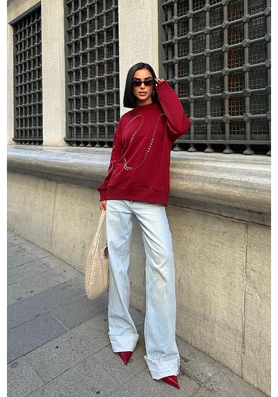 WeShaya Kadın Bordo Pamuklu Taşlı Oversize Sweatshirt Bordo