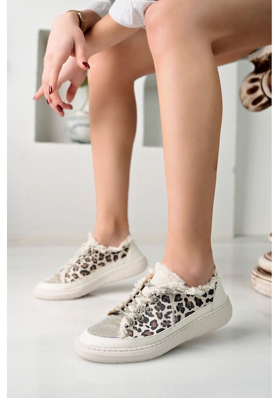 Craft Moda Neva Taşlı Düz Taban Kadın Kot Sneakers Leopar