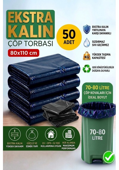 80x110 Cm Extra Kalın Siyah Endüstriyel Çöp Poşeti - 50 Adet / Ağır Hizmet Tipi