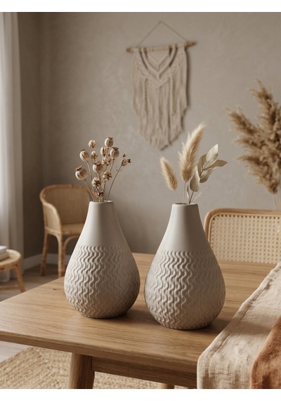 Kaveld Vela 2'li El Yapımı Mermer Tozu Vazo, Armut Form Minimalist Kuru Çiçek Vazоsu Tas