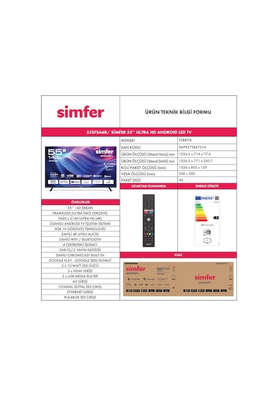 Simfer 55SFSA6B 4K Ultra HD 55" 140 Ekran Uydu Alıcılı Android Smart LED TV