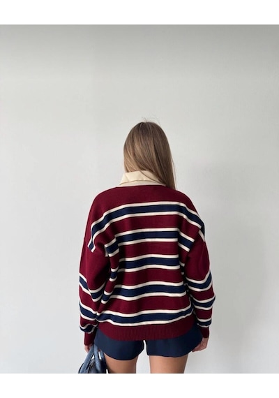 Kadın Çizgili Polo Yaka Oversize Triko Kazak Bordo