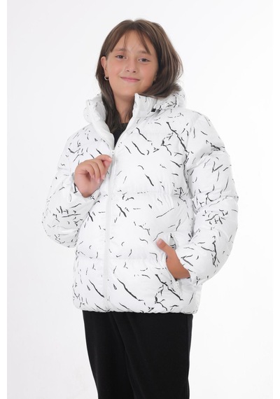 Kız Çocuk Çıkabilir Kapüşonlu Su Ve Rüzgar Geçirmez Cepli Kışlık Şişme Mont & Kaban & Parka-61 Beyaz