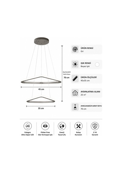 Uven 2'li Led Sarkıt Avize Beyaz Işık Gri
