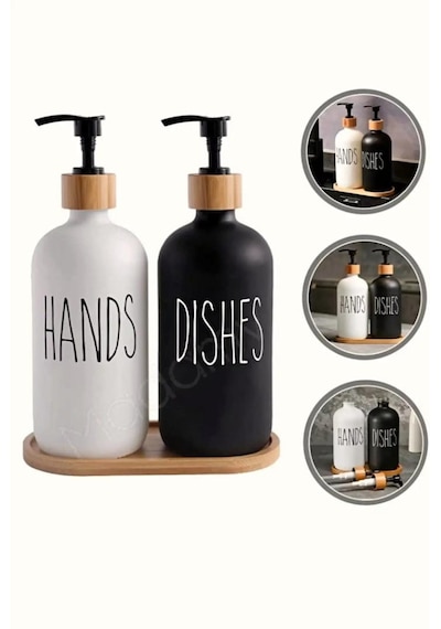 2 Li Hands Dishes Siyah Beyaz Dekoratif Mutfak Banyo Sıvı Cam Sabunluk Seti 500ml Bambu Stantlı Set Beyaz-siyah