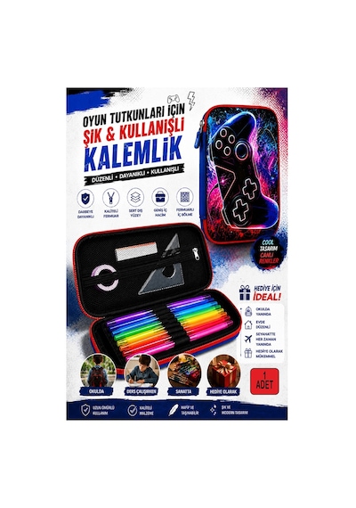 Oyun Konsolu Kabartmalı Bölmeli Kalemlik 1 Adet P-6011 Erkek Çocuk Okul Kalem Kutusu 3 Boyutlu Joystick Hediyelik Kırmızı