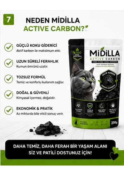 Midilla Active Carbon Kedi Kumu Koku Giderici 4 X 250 G %100 Gerçek Aktif Karbon Toplam 1.000 G