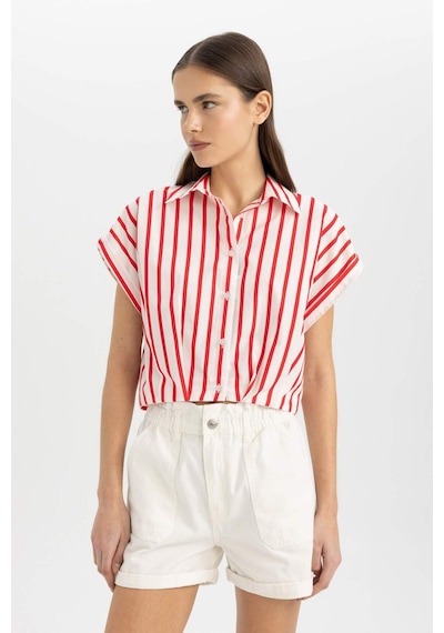 Defacto Crop Çizgili Kısa Kollu Poplin Gömlek C8748AX24SMRD117 Kırmızı