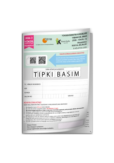 2026/2 Yökdil Fransızca Sosyal Bilimler Ösym Çıkmış Soru Tıpkı Basım Deneme Kitapçığı Türkiye Geneli