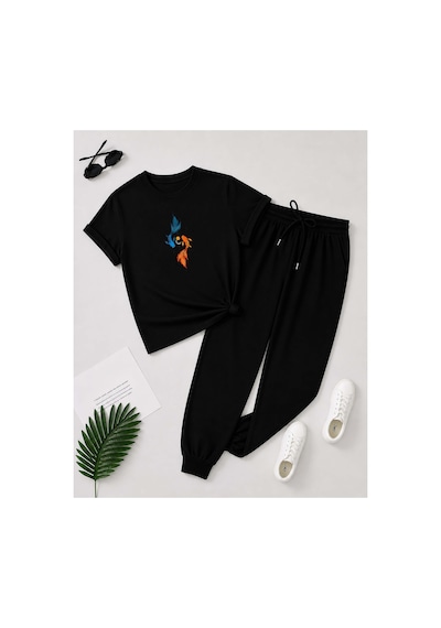 Herkesemoda Baskı Detaylı T-shirt Eşofman Takımı Siyah