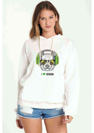 Panda I Love Music Baskılı Beyaz Kadın Kapşonlu Sweatshirt