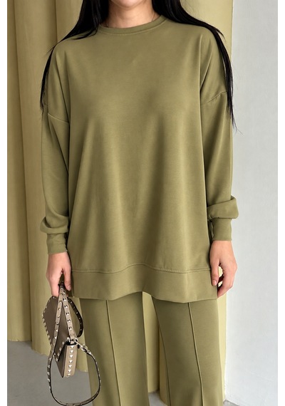 Feela Moda Kadın Oysh Modal Oversize Tesettür Tunik Takım 2020 Yeşil