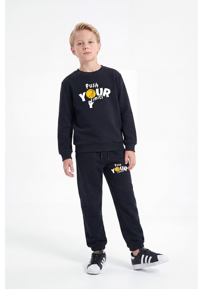 Fyk Kids 3 İplik Baskılı Erkek Çocuk Çift Cepli Bisiklet Yaka 2'li Eşofman Takımı 4 Parça Lacivert-siyah