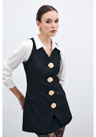 Sateen Gold Düğmeli Yelek - Siyah-135713 Siyah