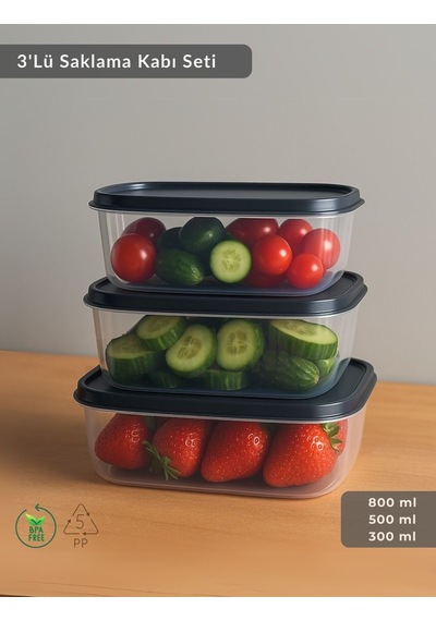 Jet's Home Dikdörtgen 3'lü Saklama Kabı Bpa Free Derin Dondurucu İçin Uygun Beslenme Kabı 800-500-300 Ml Şeffaf