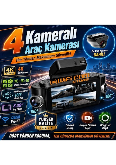 4 Kameralı 4k Yüksek Kalite Ekranlı Wifi Araç Kamerası