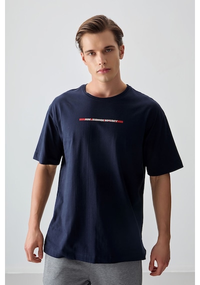 Air Jones Tommy Life Lacivert %100 Pamuk Kalın Yumuşak Dokulu Oversize Fit Baskılı Erkek T-shirt - 88358 Lacivert