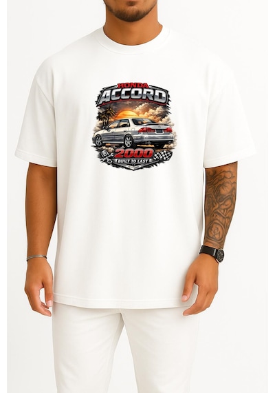 Bahriyeli Collection Oversize Honda Accord 2000 Model Göğüs Baskılı Unisex T-shirt Beyaz