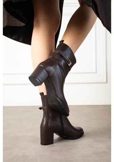 Dabab Shoes Astraya Kadın Tokalı Topuklu Kısa Konç Şık Kışlık Bot Bootie Kahverengi