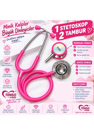 Pediatrik Çocuk Stetoskop I Yetişkin Stetoskopu I Çift Tamburlu Kişiye Özel İsim Yazılı Steteskop I Pembe Stetoskop