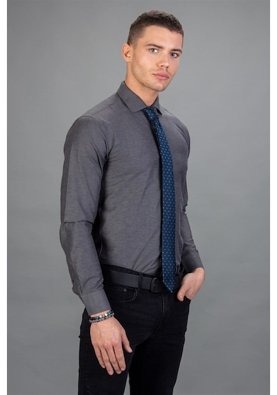 Tudors Modern Slim Fit Dar Kesim Armürlü Erkek Gömlek-15237 Gri