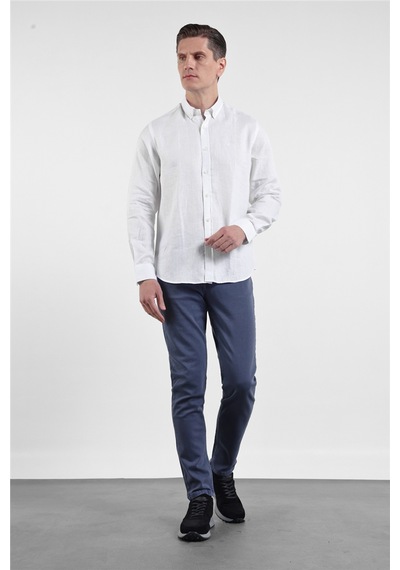 İmza Beyaz Keten Düğmeli Yaka Uzun Kol Cepsiz Slim Fit Keten Gömlek 1004260161 M