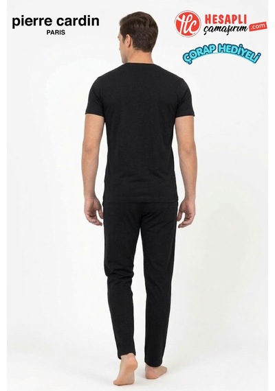 Pierre Cardin Paris Premium Erkek Bisiklet Yaka Pamuklu Penye Kısa Kollu Pijama Takım Siyah