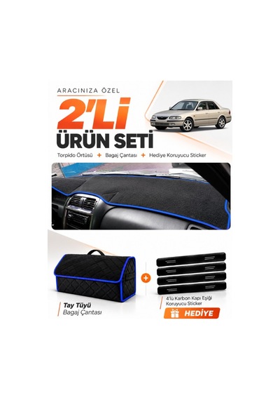 E-biz Mazda 626 1997-2002 Uyumlu Torpido Örtüsü + Tay Tüyü Bagaj Çantası Seti - Siyah-mavi - Ma011