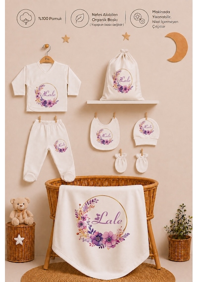Pia Baby Kız Bebek İsimli Hastane Çıkışı 8 Parça Zıbın Seti %100 Pamuk Battaniye Yastık Kılıfı Keseli 1076zybk0x Krem