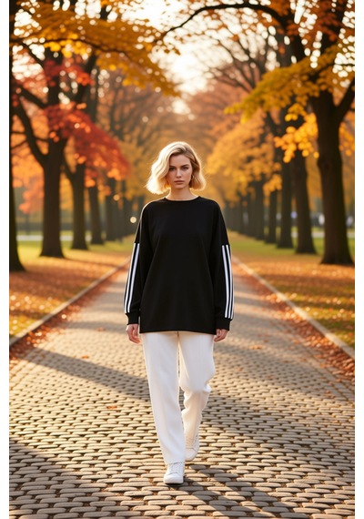 Benerly Kadın Bisiklet Yaka Düşük Kol Uzun Kollu Geniş Kalıp Sweatshirt F siyah