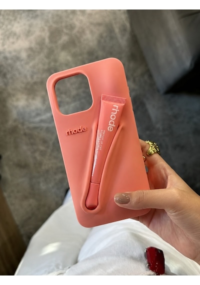 Apple iPhone 16 Pro Uyumlu Lip Case Ruj Bölmeli Rujlu Kılıf Peach Pit Bej