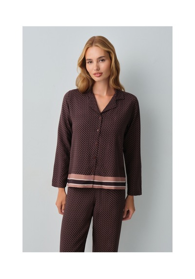 Suwen Monogram Gömlek Yaka Pijama Takımı Wsh1051014291 Kahverengi