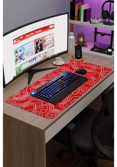 Kırmızı Beyaz 90x40 Xxl Taraftar Gaming Oyuncu Mouse Pad Kaymaz Taban Büyük Fare Altlığı Topography