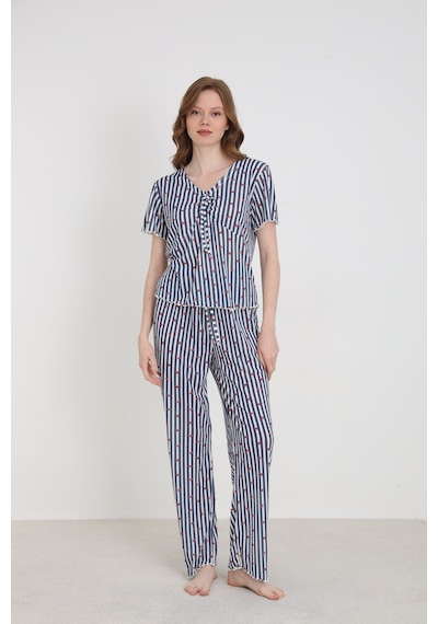 Elitol Jakarlı Viskon Bağlamalı Kadın Pijama Takımı Desenli-5