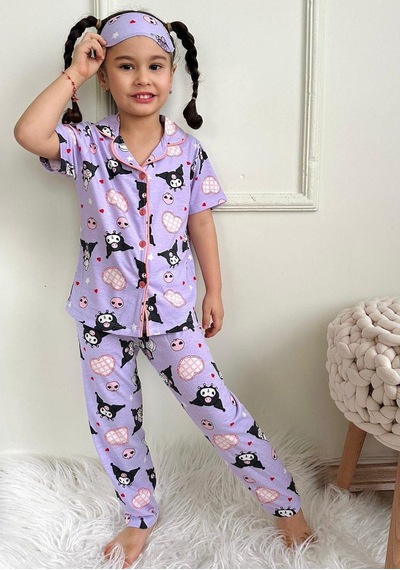 Kız Çocuk Kedi Desenli Pamuklu Düğmeli Pijama Takımı Göz Bantlı Lila