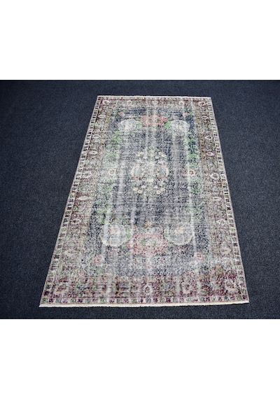 Zehra Abla Halı Vintage El Dokuma Nadir Lacivert Güllü Çiçekli Eskitme Yün Halı 7184 Çok Renkli