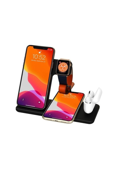 4 In1 Wireless Charger Kablosuz Şarj Istasyonu Standı 15 Watt Android Ve Ios Uyumlu Siyah