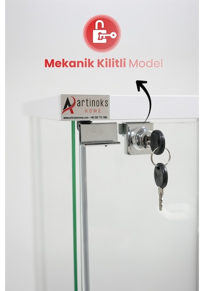 3 Raflı Kilitli Cam Vitrin Beyaz Gümüşlük Sergi Vitrini Kitaplık Büfe Beyaz