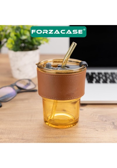 Forzacase 350ml Isıya Dayanıklı Deri Şeritli Pipetli Borosilikat Cam Bardak Çay Kahve - Fc1141 Amber