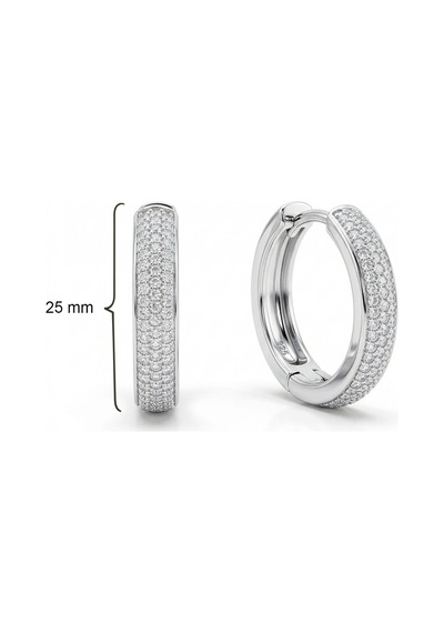 925 Ayar Gümüş Rodyum Renk Zirkon Taşlı Oval Formlu Üç Sıra Huggie Halka Küpe - Büyük