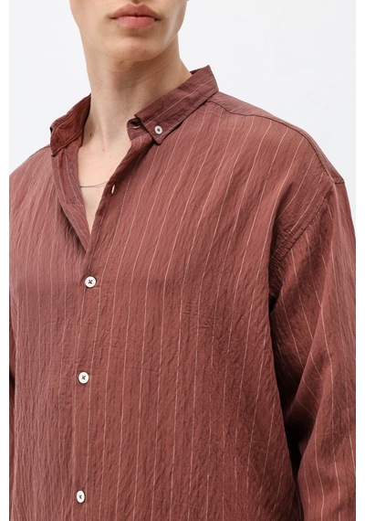Vamos Çizgili Lyocell Kumaş Oversize Gömlek Bordo