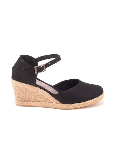 Gerçek Elişi Bilekten Bantlı Topuğu Açık Keten Espadril Dolgu Topuk Handmade Siyah