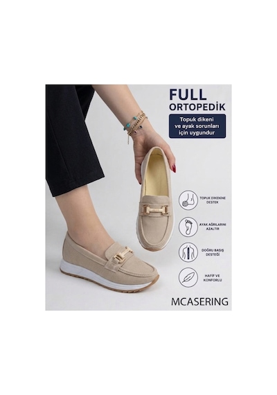 Mcaserıng Lüx Ortopedik Kaymaz Tabanlı Ultra Hafif Günlük Kadın / Kız Oxford Babet Casual Ayakkabı Bej-bsk