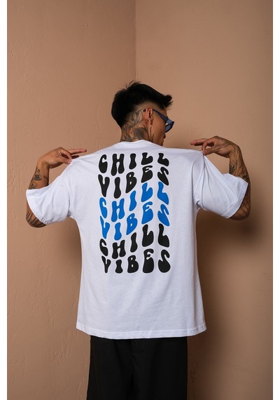 Technomonkey Unisex Beyaz Oversize Chill Vibes Baskılı Techno Tişört