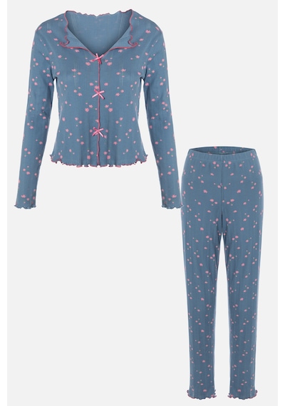 Kadın Pamuklu Çıtır Çiçek Desenli Baby Overloklu Fiyonk Detaylı Uzun Kollu Pijama Takımı Mavi - Pembe