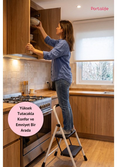 Portalife 2 Basamaklı Uzun Tutacaklı Şık Beyaz Çelik Merdiven - Katlanır 100 Cm'ye Kadar