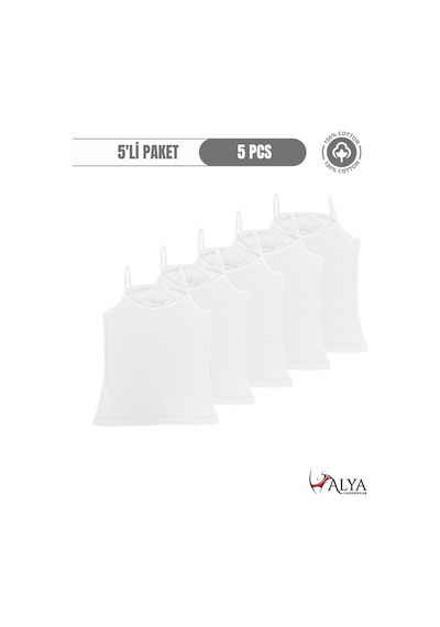 Alya Underwear Kız Çocuk - Garson İp Askılı %100 Pamuklu Atlet Kalpli Jakarlı Kumaş 5'li Paket Beyaz