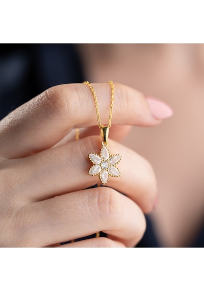 Vaoov 925 Ayar Gümüş Damla Taşlı Gold Çiçek Kolye Altın